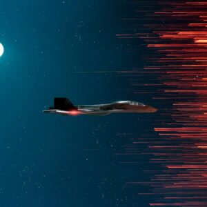 a jet flying through the air next to a full moon